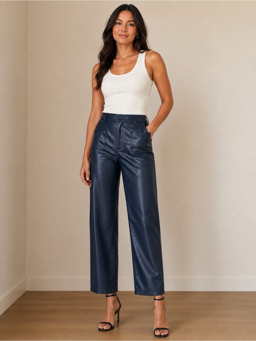 AVARA High-Rise Wide-Leg Faux Leather Pants in Navy Sz L